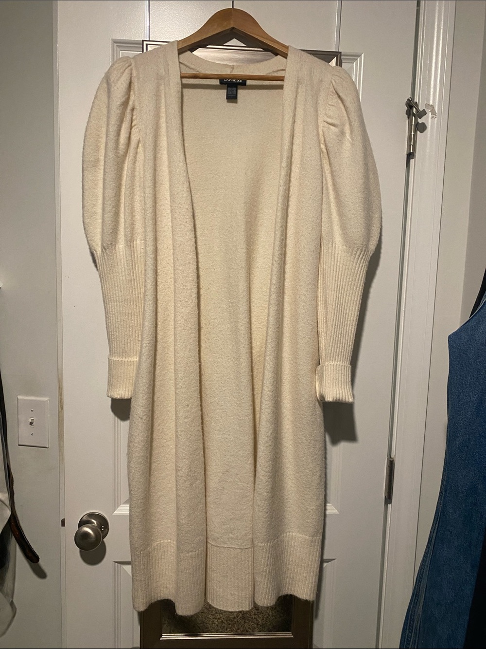 Express Cream Longline Open-Front Cardigan with Puff Shoulders
